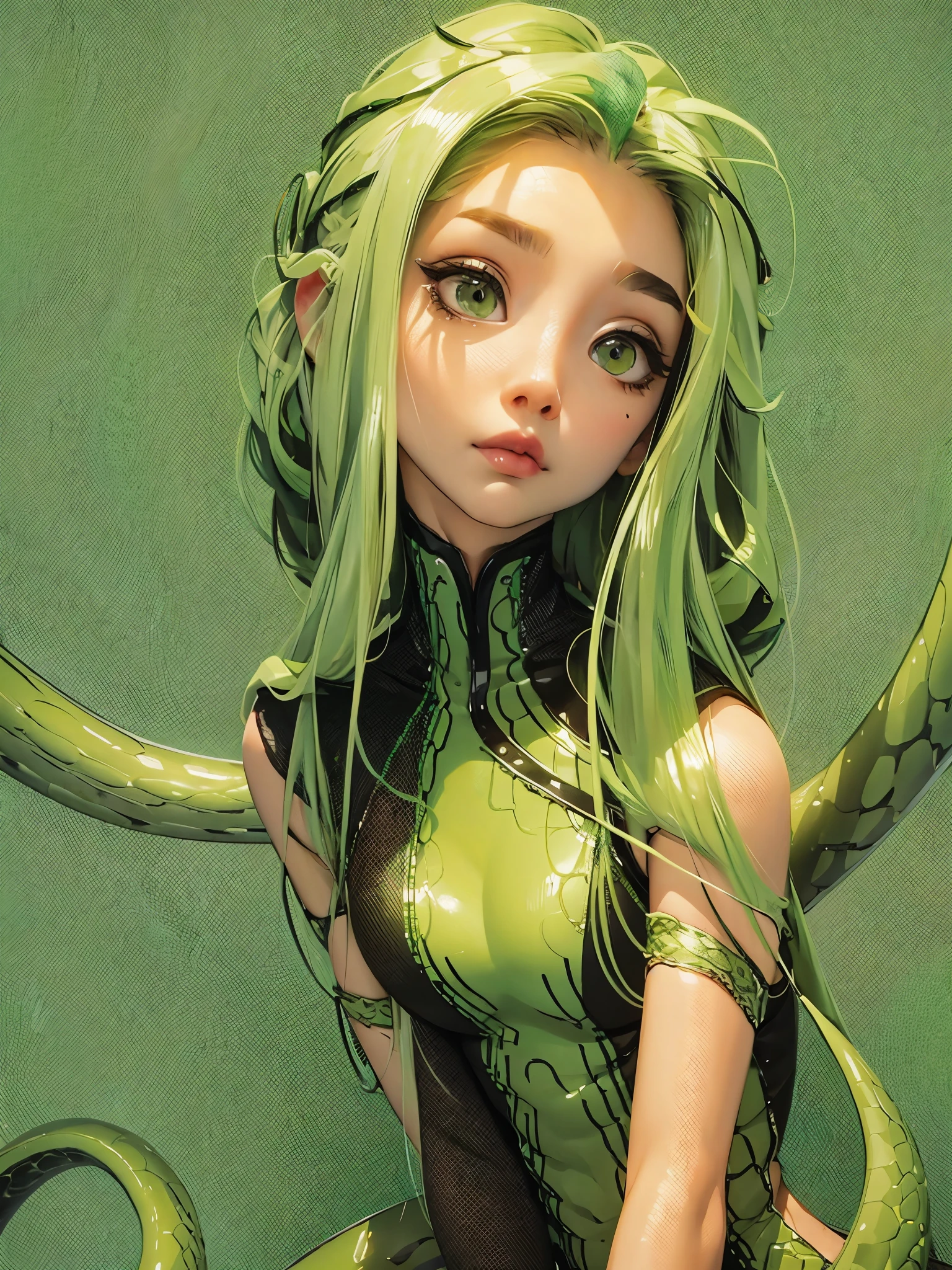 Medusa, green snake hair, blank background