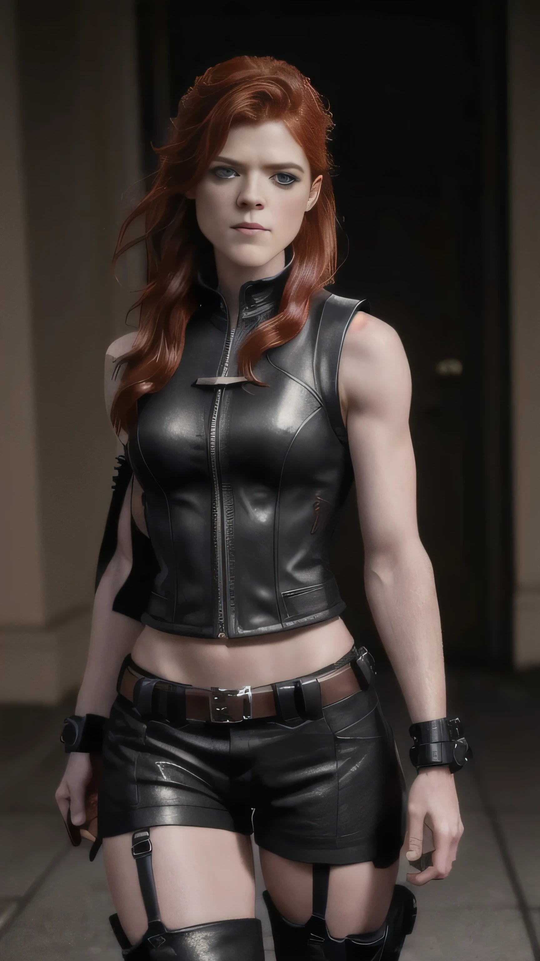 ((Rose Leslie)) as Kira from Mortal Kombat, dark tactical clothing, black sexy short leather waistcoat, crimson leather shorts, black boots, combat gear, belts, weapon holsters, red hair in a punk-like style, braids, facial piercings, (long shot), (full body render), (full body view), fine detail, hyper realistic, HD, 4K, definition, texture, perfect detail, perfect face, beautiful, hyperrealism, trending on artstation