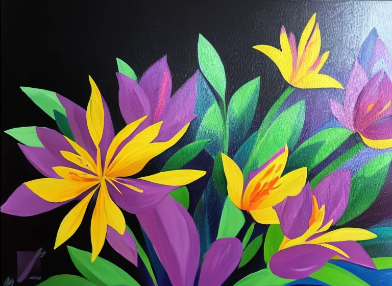 purple and yellow abstract painting of azaleas in bottom left corner of canvas, fade into dark background, modern painting