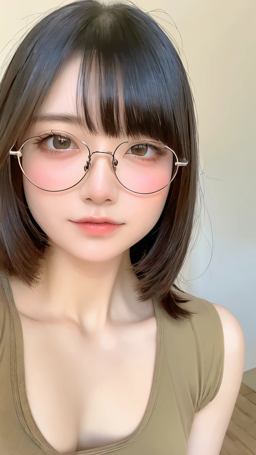 Beautiful and fair、Radiant Skin, 3 Up, Gorgeous, bright, Refreshing and gentle expression, Perfect beautiful face、Beautiful shiny bangs, A very beautiful 17 year old girl, Eyeliner, Very perfect eyes,Very large breasts,Grooves reveal original skin,Muscular body,Light Khaki Yoga Wear,Upper Body,Silver glasses