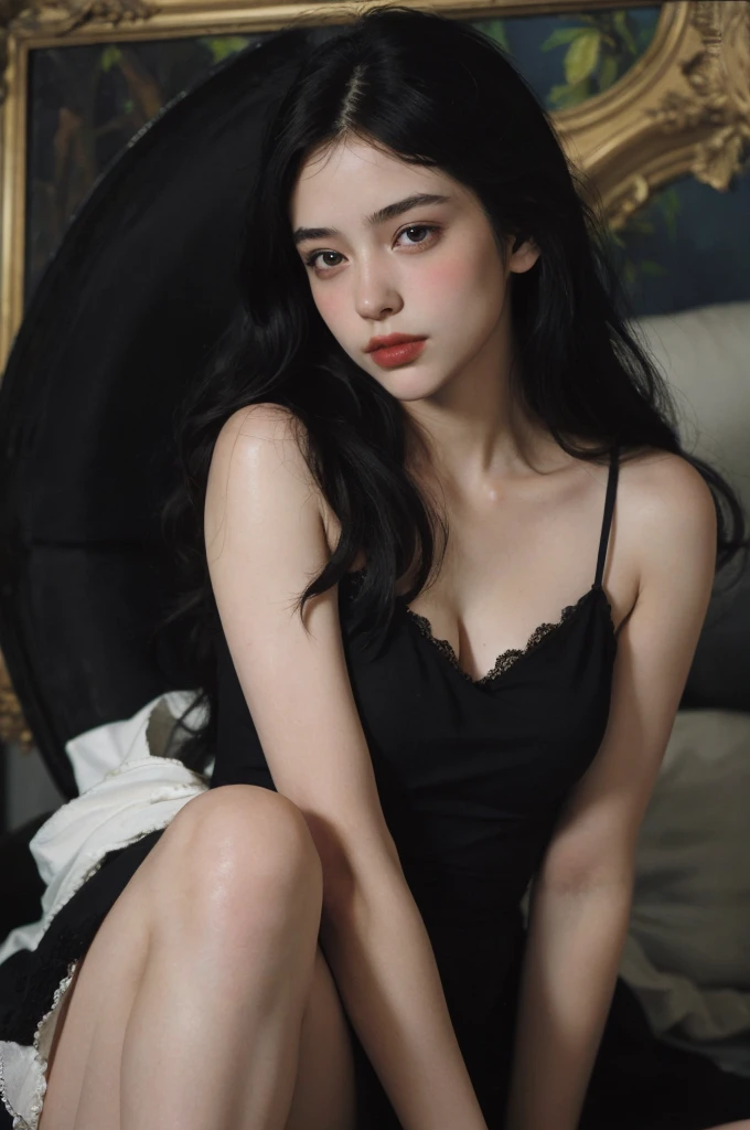 Best quality, masterpiece, ultra high res, (photorealistic:1.4), raw photo, 1girl, ((black lace nightgown)), ((small breast)), cold light