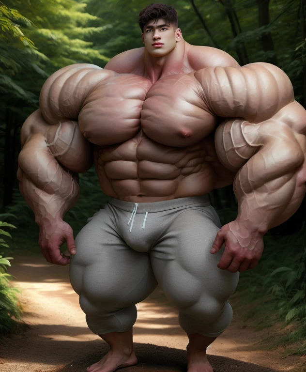 1 asian men, giant, model shoot style, looking at camera, standing up, cool ambience, outdoor, commercial photoshoot, large dirt forest road, strong body, bulk, naked, barefoot, white triangular underwear, prominent bulge trunks, big, brutalmass, giant, muscular body, bulk, massive body, large meaty body size, brown skin
