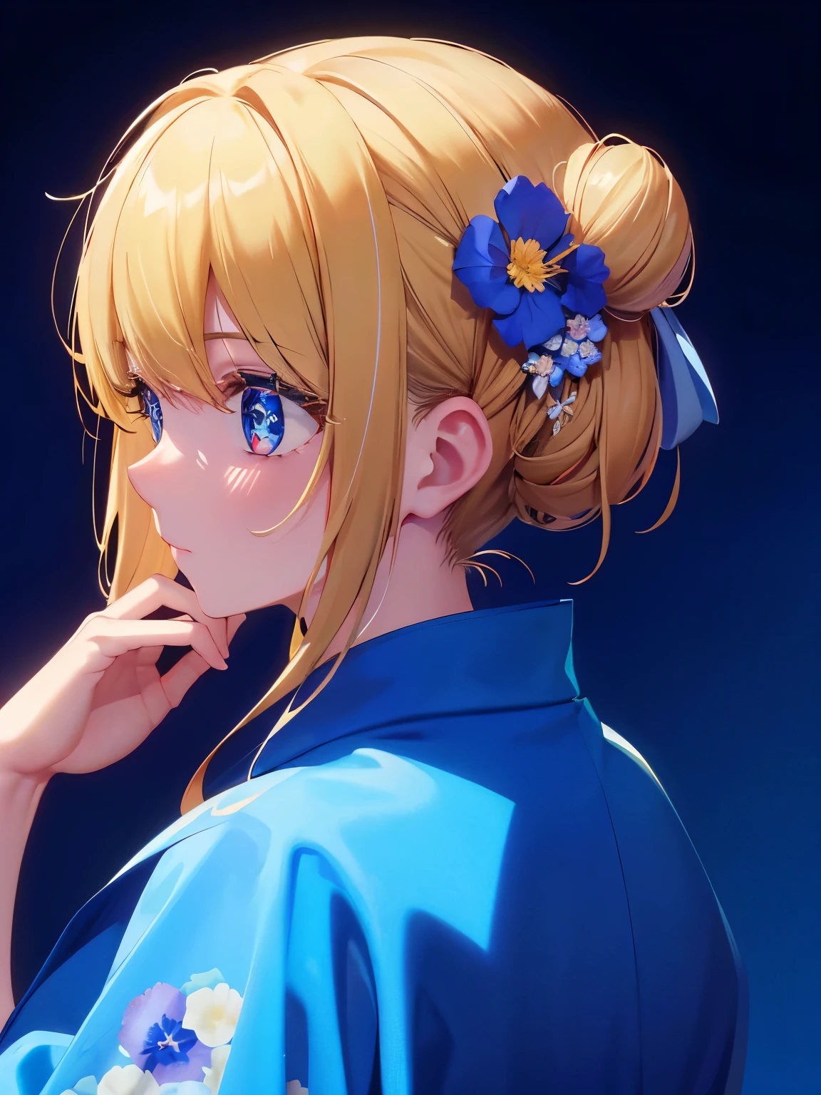1woman,super beautiful,Facing backwards, camera angle from behind, photo from behind, looking away,Focus on hair looking away,half body photo, very detailed face,cute,,HD face, perfect face, blue kimono,short kimono, cleavage visible,Very big breasts,big breast,Blue flowers on the head,Blonde hair,bangs,hair in bun,one bun,Hair in a bun,ultra detail,ultra Hd, masterpiece,4k