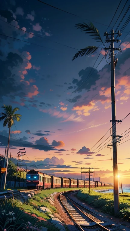 (masterpiece:1), (full anime view:1.5), (train trundles along the coastal tracks:1.6), (Lush palm trees sway in harmony:1.3), silence, (gentle lapping of waves:1.4), (white daisies growing around with long grass:1.2), magnificent sky, (Dim volumetric light:1.4), peaceful, (beautiful sky), (beautiful tones:1.5), (lofi ambience :1.4), (wires and poles: 1.4), (evening scene:1.3), (beautiful aesthetics:1.2), (scattered pink and blue sky:1.2), beautiful tones, subtle colors, peaceful, (illustration: 1.0), epic composition, realistic lighting, HD details, masterpiece, best quality, ,