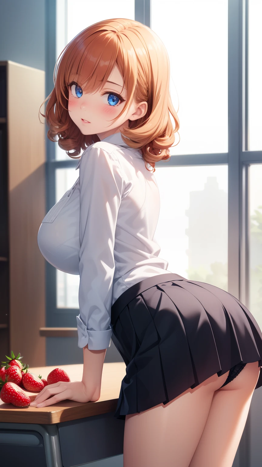 1girl, natural lighting, masterpiece, highly detailed, illustration, game CG, absurdres, high quality, aichan, large breasts, beautiful detailed eyes, detailed hair, glossy lips, blush, school, white shirt, black pleated miniskirt, very curly hair, leaning forward, ((strawberry blonde hair)), looking back at viewer, (panties:0.8)