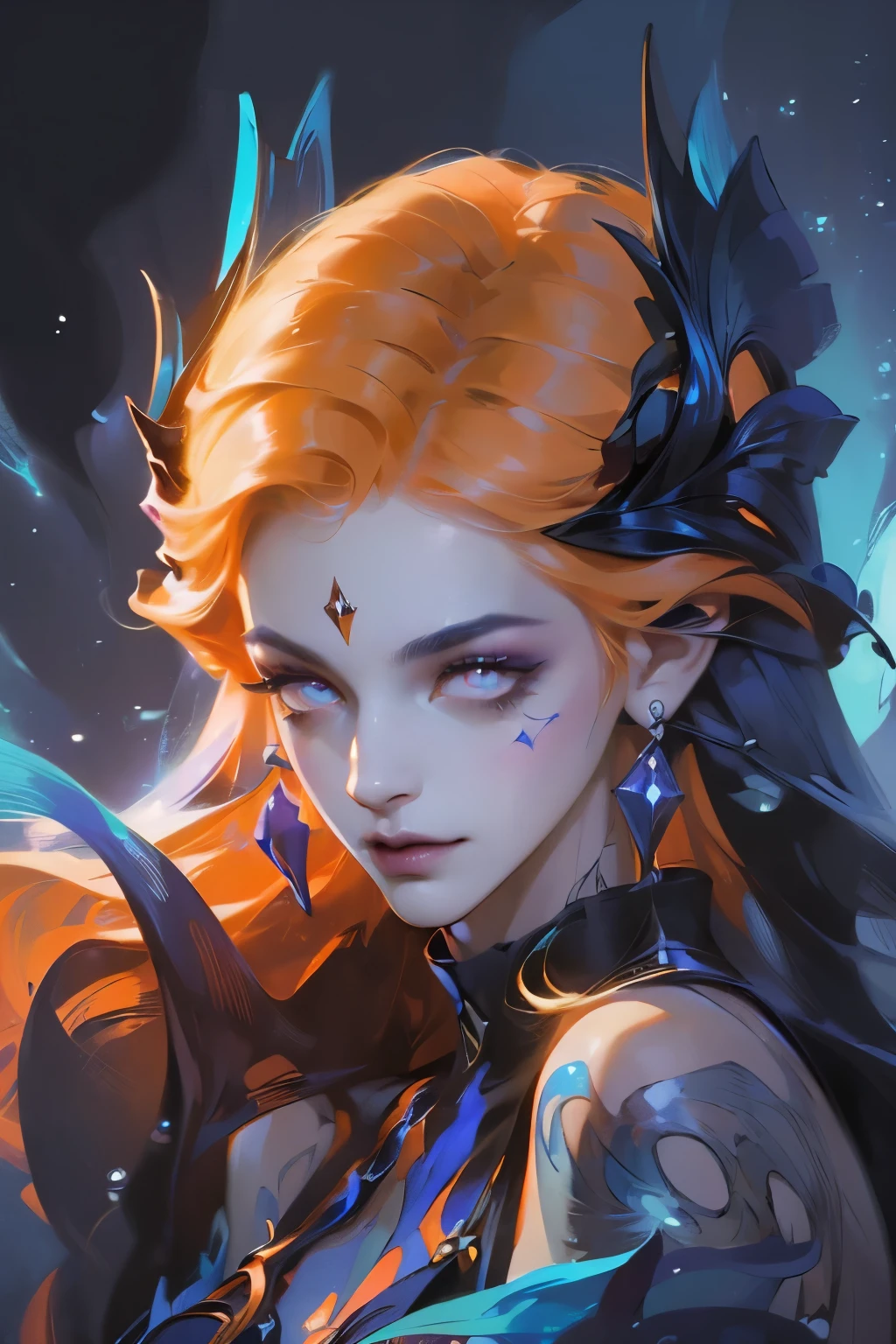 (((masterpiece))), (((best quality: 1.4))), ((Super Detail: 1.4)) , An extremely detailed gouache painting of a female tiefling, Gorgeous exotic style, Amber neon eyes:1.5, Orange Hair, Extremely detailed facial features, Expressive face, Detailed texture, Blue skin tone, Tattoo, Natural Skin Shader, Volumetric method, Warm undertones in the skin, Ultra-high resolution