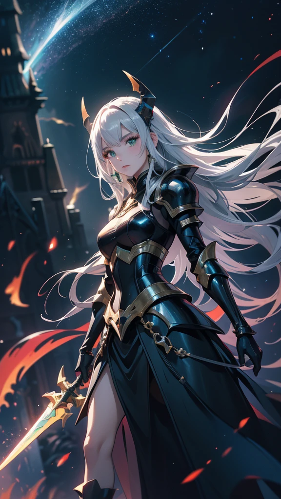 masterpience, best quality, high quality, 8k, anime demon girl, full body, imponent position, black dragon armor with gold details, no helmet, silver long hair, green eyes, perfect face, flame sword, castle background, glowing aura, night sky, stars, realistic ilumination, best quality ilumination.
