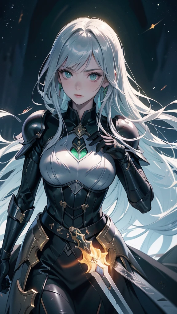 masterpience, best quality, high quality, 8k, anime demon girl, full body, imponent position, black dragon armor with gold details, no helmet, silver long hair, green eyes, perfect face, flame sword, castle background, glowing aura, night sky, stars, realistic ilumination, best quality ilumination.
