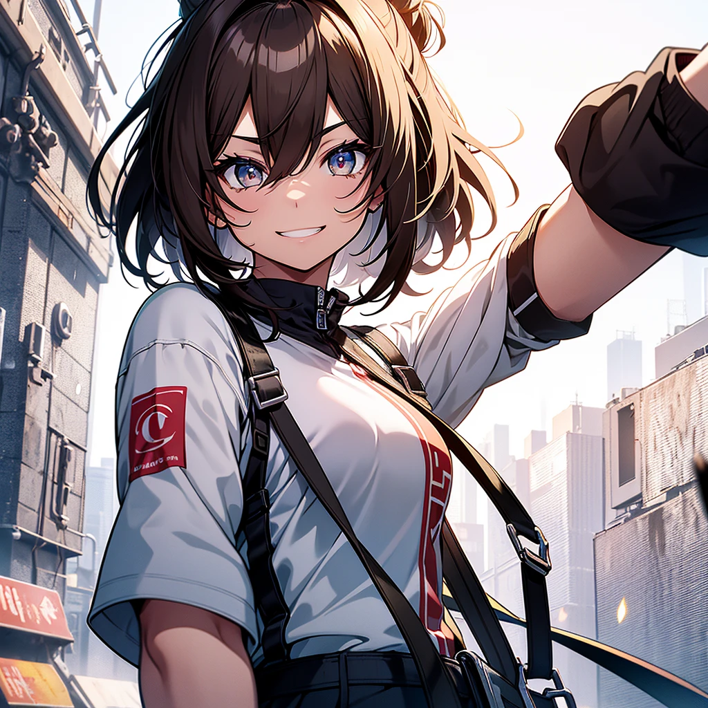 Anime girl, brunette hair with a unique shade of chestnut, narrowed eyes with a touch of silver glimmer to symbolize good eyesight, a short bob styled messily, enlarged depiction of the upper body showcasing toned muscles, a high-resolution image with no background, a slim yet athletic build, a determined grin with a slight upward tilt at the corners, detailed limb depiction revealing her agility, dressed in typical villager attire, a large size white t-shirt with intricate patterns, against a vibrant neon background that echoes the energetic spirit of her adventures as a mercenary.