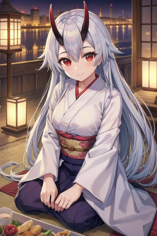 Masterpiece, best quality, tomoe gozen, torino style, 1person, red eyes, cute smile, hair between eyes, silver hair, very long hair, oni horns, looking at viewer, long kimono, sit, seiza, long sleeves, spring