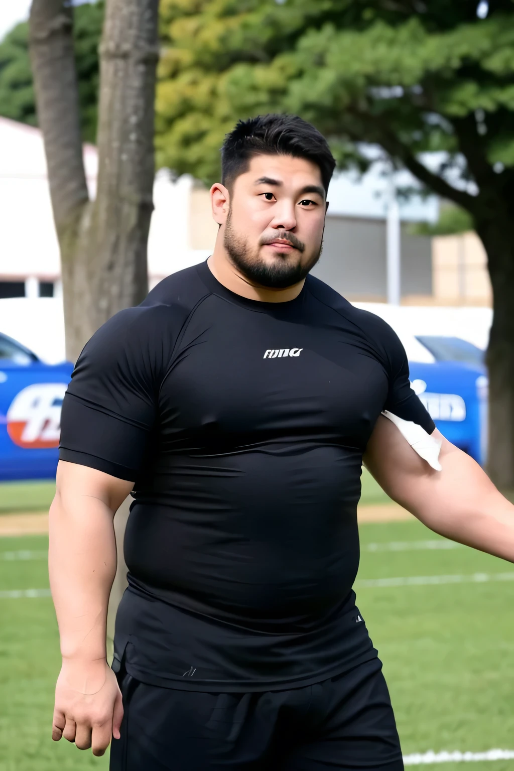 A large Japanese man wearing a tight black T-shirt、whole body、Rugby last week、Thick legs、Thick arm muscles、Intimidating、
