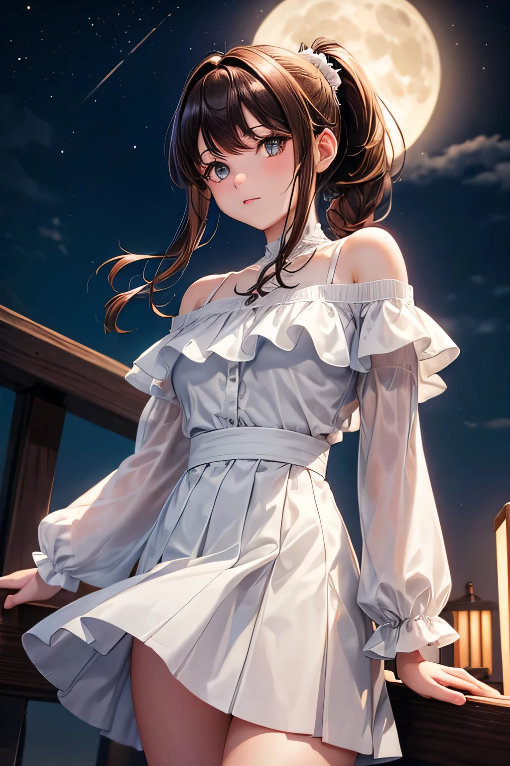 A young girl with brown hair ponytail and straight bangs, fair skin, and a slim build. She is wearing an elegant white off-the-shoulder, long-sleeved blouse; A very pretty short black ruffle style skirt,Beautiful moonlit night in the background