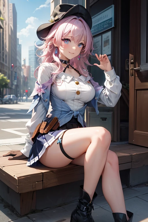 (masterpiece), best quality, expressive eyes, perfect face, 1 girl, solo, march seventh, blue eyes, hair between eyes, medium hair, pink eyes, pink hair, two-tone eyes, breasts, big breasts, large breasts, ankle boots, archery shooting glove, badge, legs, bare legs, thick legs, black choker, black corset, black footwear, black gloves, blue jacket, blue skirt, boots, button badge, buttons, choker, collarbone, corset, earrings, flower ornament, gloves, high heel boots, high heels, jacket, jewelry, long sleeves, miniskirt, partially fingerless gloves, pleated skirt, shirt, single earring, single glove, skirt, thigh strap, tied jacket, underbust, white shirt, smiling, city, background, futuristic city, sitting on the ground, knees up, portrait, looking at the viewer