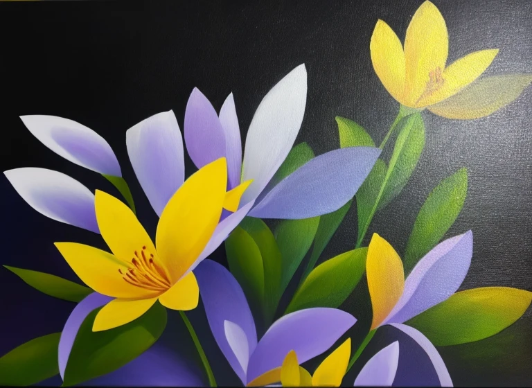 purple and yellow abstract painting of azaleas in bottom left corner of canvas, fade into dark background, modern painting