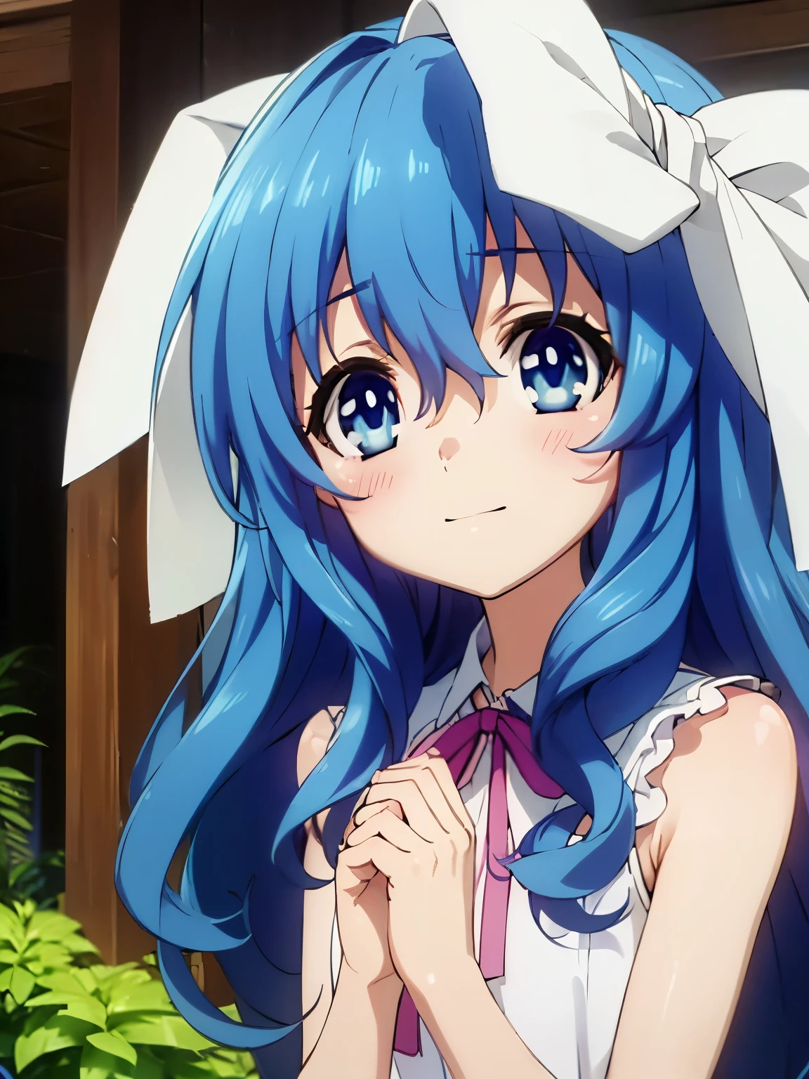 Yoshino Astral Dress、Long Hair、blue eyes、ribbon、Animal Ears、Hair between the eyes、Blue Hair,(Perfect hands),(Perfect Anatomy),(masterpiece),(highest quality),garden,Embarrassed,blush,smile,looking at the camera