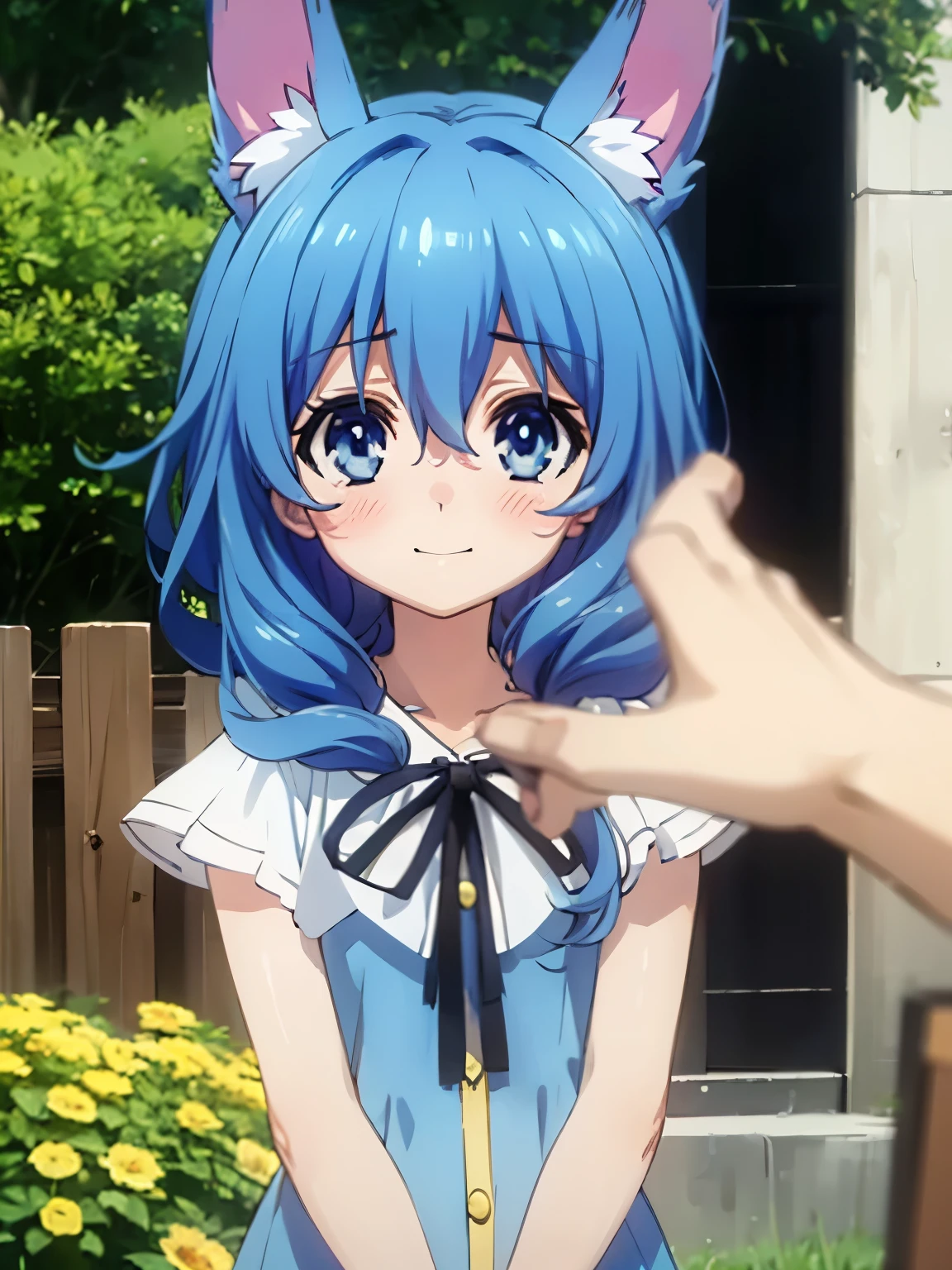 Yoshino Astral Dress、Long Hair、blue eyes、ribbon、Animal Ears、Hair between the eyes、Blue Hair,(Perfect hands),(Perfect Anatomy),(masterpiece),(highest quality),garden,Embarrassed,blush,smile,looking at the camera