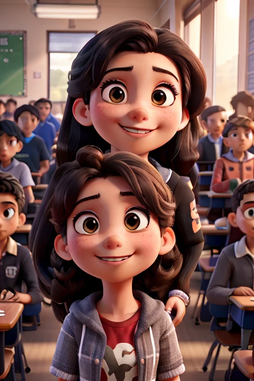 detailed face, detailed eyes, Dutch angle, perfect hands, from the front, a group of 10 students, 2 Latin girls, 2 black girls, 2 black boys, 2 Chinese boys, 2 Indian boys, all standing together in a cozy, well-appointed classroom, their faces alight with friendly, genuine smiles