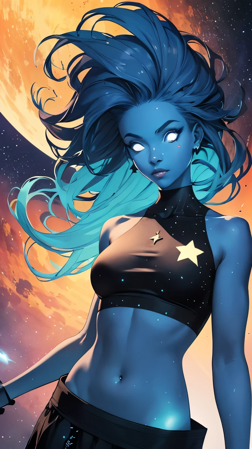 (Highly quality, masterpiece, detailed), Deep Space detailed scenario, Deep space detailed background, 20 years old girl, solo, singularity, dark blue skin, celestial skin, Colored Skin, glowing blue, glowing eyes, bare shoulders, long hair, Star on the girls body, black top, crop top, black skirt, glowing star on the navel, glowing navel, monster girl, Abdomen, Navel, beautiful eyes, perfect eyes, looking at the viewer, Sexy pose