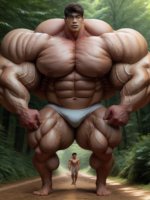 1 asian men, giant, model shoot style, looking at camera, standing up, cool ambience, outdoor, commercial photoshoot, large dirt forest road, strong body, bulk, naked, barefoot, white triangular underwear, prominent bulging trunks, big, brutalmass, giant, muscular body, bulk, massive body, large meaty body size, brown skin