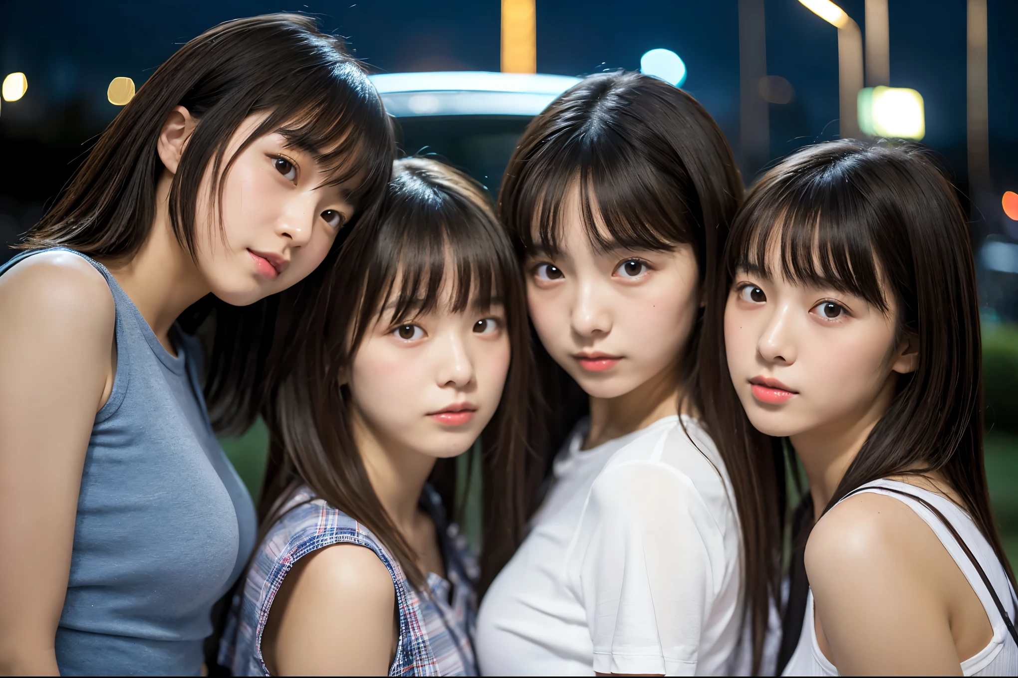 Very detailed Amazingly high quality Very high quality Surreal photograph Three Japanese Girls Each girl has a different hairstyle randomly Fair skin 16 years old ((Half-open lips:1.3)) Beautiful and soft skin ((Beautifully styled straight short hair)) Beautiful and perfect body Surprisingly very cute Beautiful young man with clear skin々New Skins 16 years old (A high school girl wearing an erotic thin camisole) Big Breasts whole body Everyday City Bustling city ((night)) audience'perspective Front view (Big Breasts:1.3) (Cleavage) (Amazingly cute girl:1.3) (whole bodyポートレート)