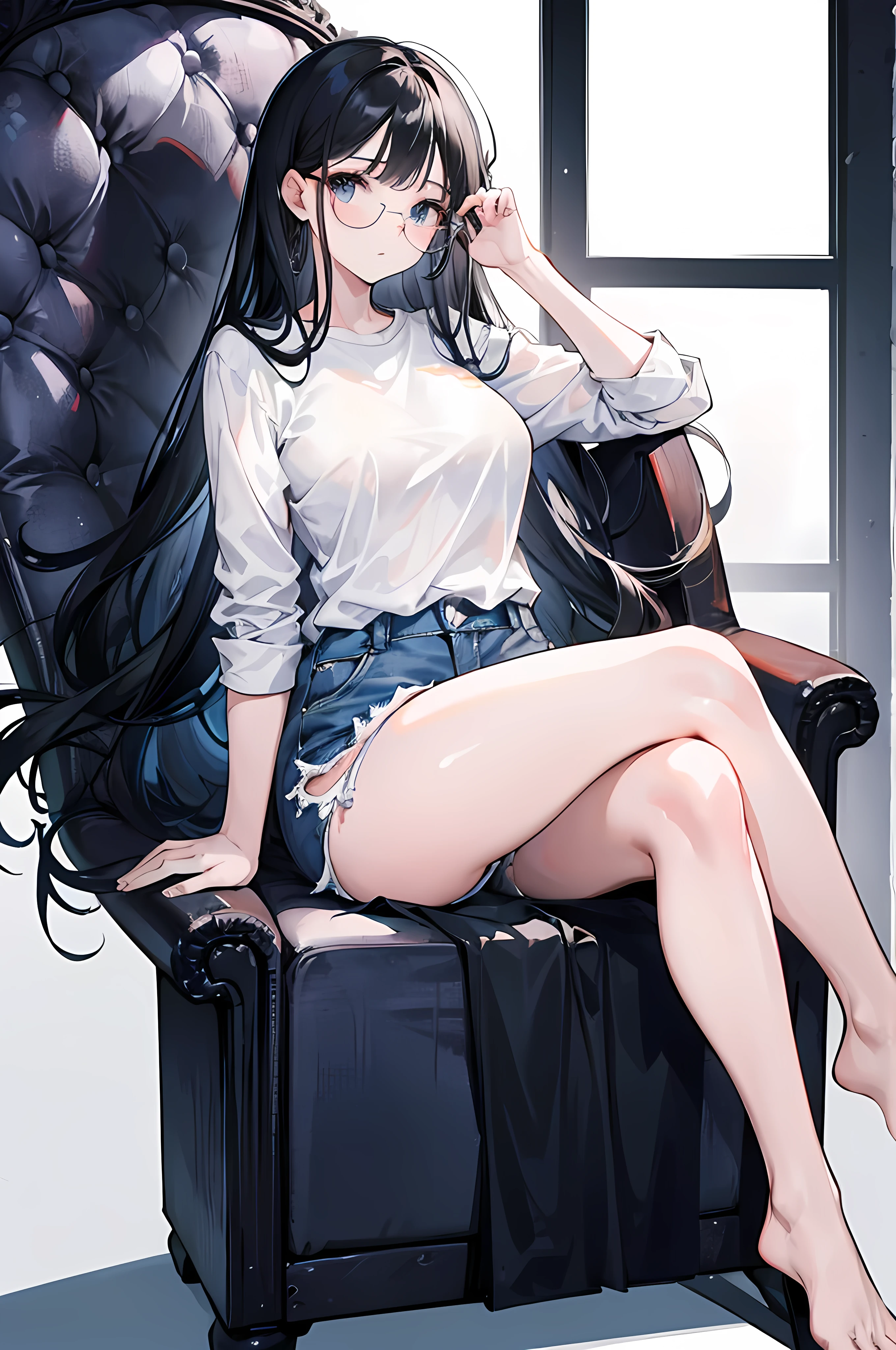 1girl, long black hair plain white shirt, denim shorts, slim and curvy figure , fair skin tone , glasses , pretty face , sitting on a throne with legs crossed , staring at the screen 