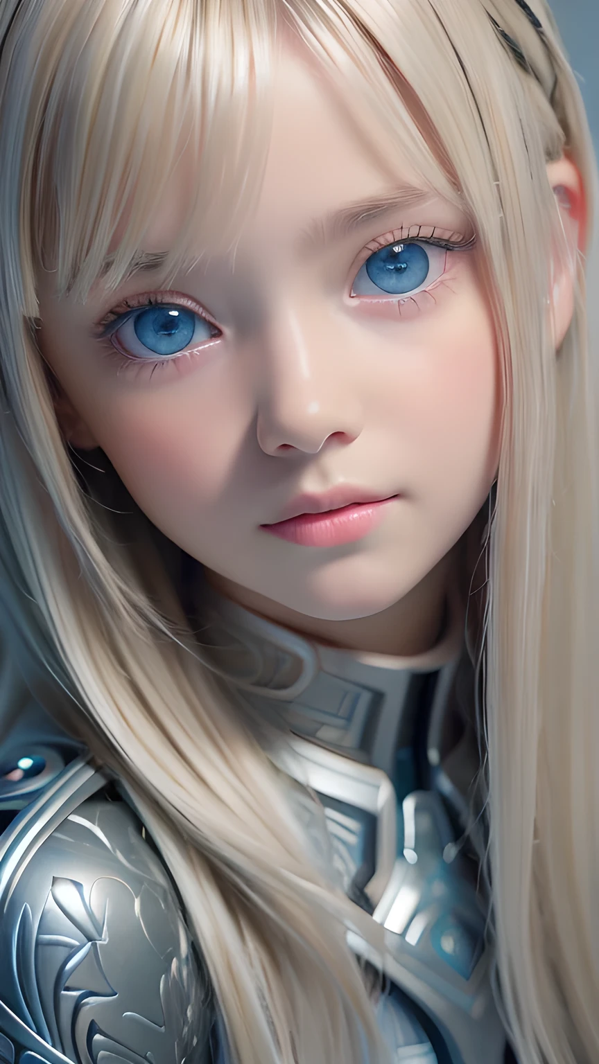 highest quality、8k Masterpiece、Ultra-high resolution、(Realistic:1.3)、RAW Photos、14 year old Scandinavian girl with shiny blonde hair、Silvery blonde hair、Super long straight hair、Bangs between the eyes、Bangs that cover the eyes、片Bangs that cover the eyes、Bangs between the eyes、White and glowing skin、1. Cyberpunk Super Beautiful Soldier、((Ultra-Realistic Details))、Portraiture、Global Illumination、Shadow Realm、Octane Rendering、8k、Ultra Sharp、Metal、Cool colors、、Very intricate detail、Realistic Light、Trends of the CG Association、so beautiful, Big bright blue eyes、Very big eyes、Eyes shining at the camera、Neon Details、Small Face Beauty、Round face、Cheek highlight
