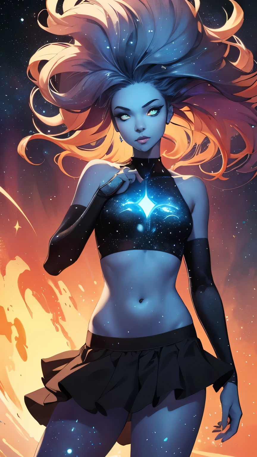 (Highly quality, masterpiece, detailed), Deep Space detailed scenario, Deep space detailed background, 20 years old girl, solo, singularity, dark blue skin, celestial skin, Colored Skin, glowing blue, glowing eyes, bare shoulders, long hair, Star on the girls body, black top, crop top, black skirt, glowing star on the navel, glowing navel, shiny navel, monster girl, Abdomen, Navel, beautiful eyes, perfect eyes, looking at the viewer, Sexy pose