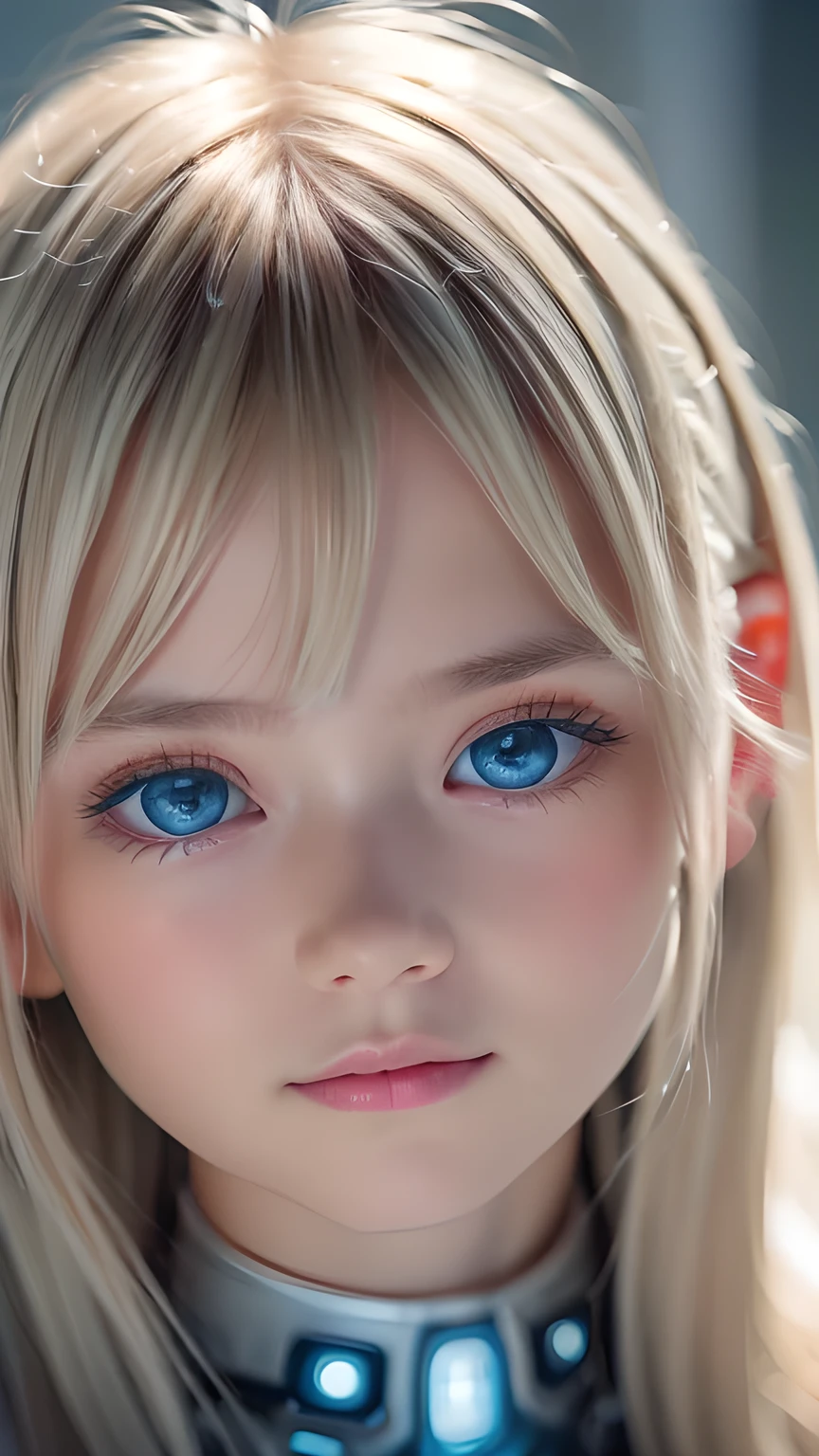 highest quality、8k Masterpiece、Ultra-high resolution、(Realistic:1.3)、RAW Photos、14 year old Scandinavian girl with shiny blonde hair、Silvery blonde hair、Super long straight hair、Bangs between the eyes、Bangs that cover the eyes、片Bangs that cover the eyes、Bangs between the eyes、White and glowing skin、1. Cyberpunk Super Beautiful Soldier、((Ultra-Realistic Details))、Portraiture、Global Illumination、Shadow Realm、Octane Rendering、8k、Ultra Sharp、Metal、Cool colors、、Very intricate detail、Realistic Light、Trends of the CG Association、so beautiful, Big bright blue eyes、Very big eyes、Eyes shining at the camera、Neon Details、Small Face Beauty、Round face、Cheek highlight