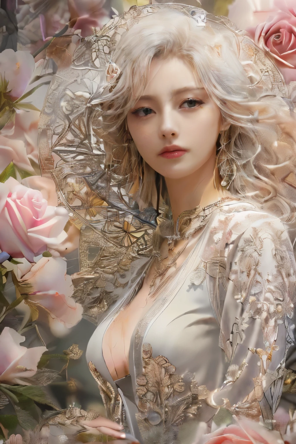 (8k, highest quality, masterpiece)，{Realistic, RAW Photos, Super Fine Clear, Portraiture, (Oil painting, Delicate brushwork, small touch, Beauty Painting, Yasutomo Oka's paiting style:1.6)}, Realistic Light, Detailed skin, (Beautiful woman with slim body, Age 25, Daughter of a noble:1.5), Thin legs, fine grain, Long white wavy hair, Detailed fingers, thin, Sexual, Expressions of Ecstasy, (Dynamic and sexy pose, Alluring, Indulgent, Decadent, Functional:1.6), (huge Bouncy Firm Bust:1.8), (sexy see-through long dress,:1.2),(The dress has a wide opening at the chest;1.6), Exposing the breasts, (Paradise, Rose Garden:1.6), Wide and beautiful view,