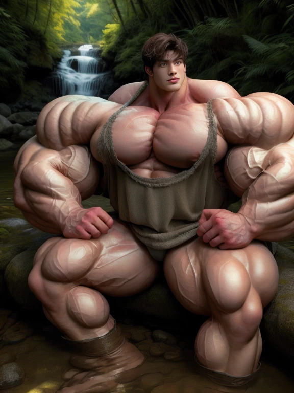 1 asian men, giant, model shoot style, looking at camera, sit on rock, waterfall, cool ambience, outdoor, commercial photoshoot, large dirt forest road, strong body, bulk, naked, barefoot, white triangular underwear, prominent bulging trunks, big, brutalmass, giant, muscular body, bulk, massive body, large meaty body size, brown skin, wet