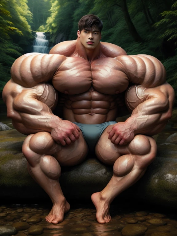 1 asian men, giant, model shoot style, looking at camera, sit on rock, waterfall, cool ambience, outdoor, commercial photoshoot, large dirt forest road, strong body, bulk, naked, barefoot, white triangular underwear, prominent bulging trunks, big, brutalmass, giant, muscular body, bulk, massive body, large meaty body size, brown skin, wet