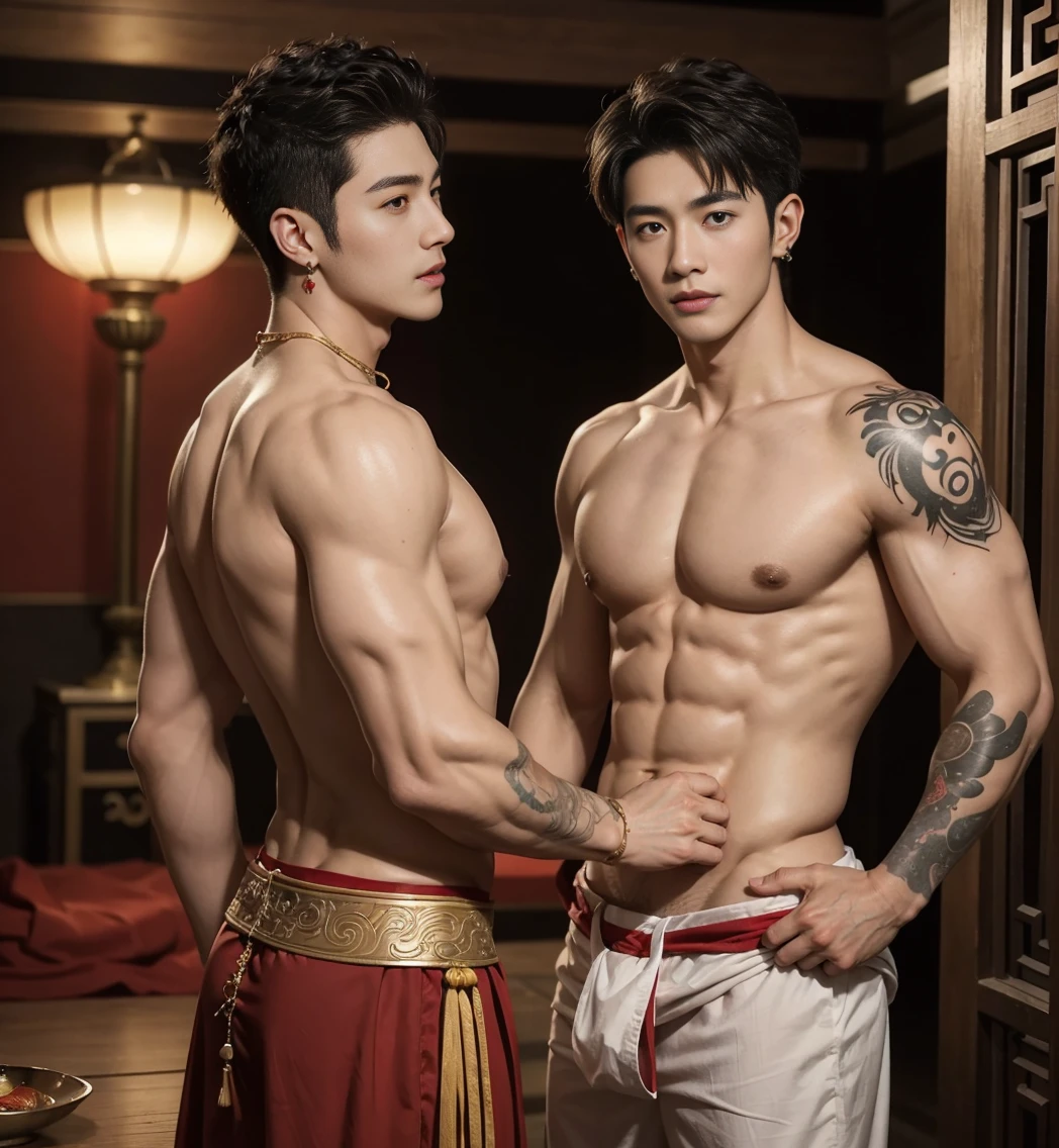 Two  handsome boys kiss, Smile at each other, striking ,Embrace, kiss, touch lips, cuddle, Romantic,skin to skin, Chinese male god, myth, Practical, Chinese Odyssey, Super handsome,Masculinity,  Korean Idol, handsome korean actor, 20 years old,, Delicate face, Masculinity jawline, Masculinity chin, Detailed messy curly hair styling,  Topless, muscle, Busty athlete body, Full frame,Full body shot, Sexy, Practical, Human skin, tattoo chest, Professional studio lighting, Red long Tibetan outfit, Full of jade and gold pendants , Jewelry details on the dress, earrings,Chinese temple background,outdoor, Ultra detailed background,Looking at the camera ,  open mouth,  Under the loincloth underwear, Tibetan Warrior, Hanfu red wedding dress,  Tibetan male, Nobel Prize, seduce , Bare chest , tattoo chest, tattooed arms, tattoo hand, tattoo back, Tattooed legs , detailed tattoo, Big juicy ass, Bare butt