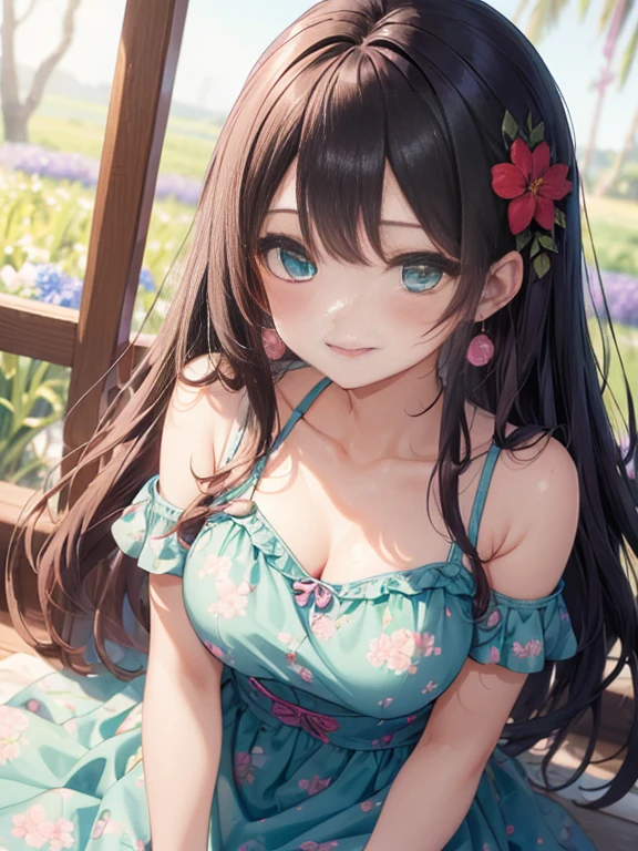 小さなgirl、The arrival of spring、Big Ass、 (alone:1.5,)Very detailed,Bright colors, Very beautiful detailed anime faces and eyes, Look straight ahead, Shiny_skin,girl, ((Silver long hair,The inner color is red、The hair tips are curled）） 、Forehead is exposed.、Green Eyes、、Shiny hair, Delicate beautiful face, blush、(Turquoise Eyes), White skin, Valletta, Earrings,、blue flower field、(((Pink ruffled dress with floral print、Purple mile、smile、Face dyed red