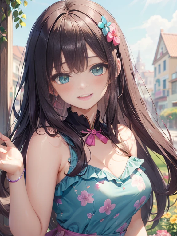 小さなgirl、The arrival of spring、Big Ass、 (alone:1.5,)Very detailed,Bright colors, Very beautiful detailed anime faces and eyes, Look straight ahead, Shiny_skin,girl, ((Silver long hair,The inner color is red、The hair tips are curled)) 、Forehead is exposed.、Green Eyes、、Shiny hair, Delicate beautiful face, blush、(Turquoise Eyes), White skin, Valletta, Earrings,、blue flower field、(((Pink ruffled dress with floral print、Purple mile、smile、Face dyed red