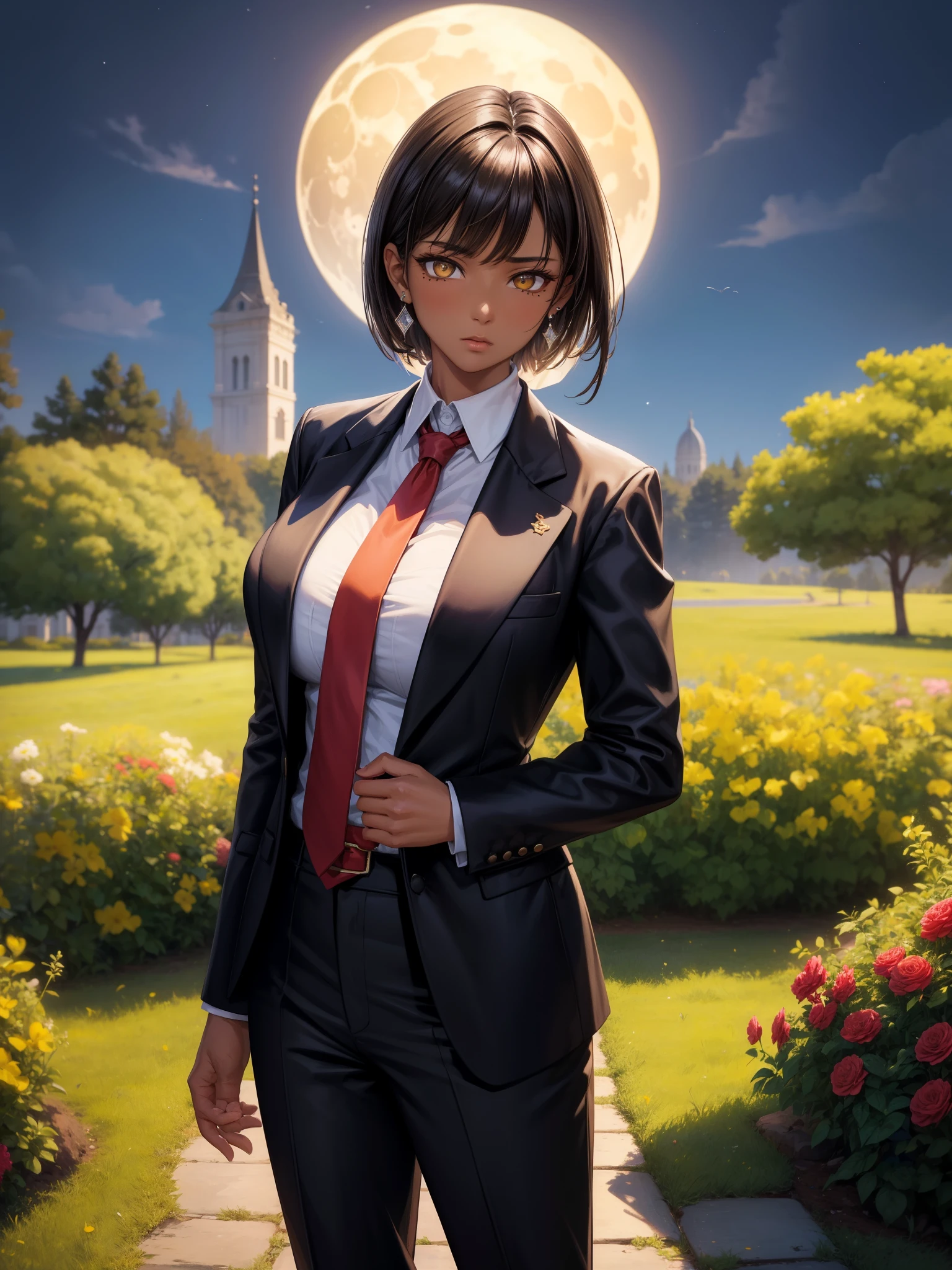 masterpiece, best quality, very aesthetic, ultra detailed, intricate details, 4k, anime style,
outis, 1girl, solo, brown hair, black hair, yellow eyes, short hair, bangs, jewelry, earrings, piercing, ear piercing, mole under eye, dark skin, dark-skinned female, outis \(project moon\), limbus company, 
breasts, large breasts, huge breasts, necktie, red necktie, tuxedo, tuxedo jacket, pants, pants arrows, formal, 
cowboy shot, looking at above, outdoors, grass, flowers, 