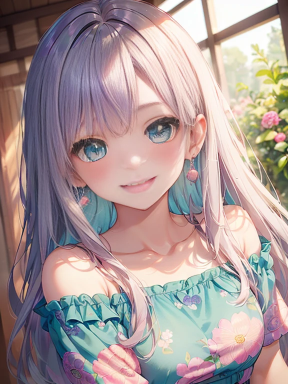 小さなgirl、The arrival of spring、Big Ass、 (alone:1.5,)Very detailed,Bright colors, Very beautiful detailed anime faces and eyes, Look straight ahead, Shiny_skin,girl, ((Silver long hair,The inner color is red、The hair tips are curled)) 、Forehead is exposed.、Green Eyes、、Shiny hair, Delicate beautiful face, blush、(Turquoise Eyes), White skin, Valletta, Earrings,、blue flower field、(((Pink ruffled dress with floral print、Purple mile、smile、Face dyed red