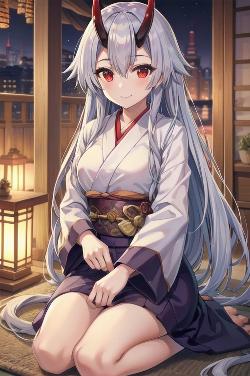 Masterpiece, best quality, tomoe gozen, torino style, 1person, red eyes, cute smile, hair between eyes, silver hair, very long hair, oni horns, adult, looking at viewer, long kimono, sit, seiza, long sleeves