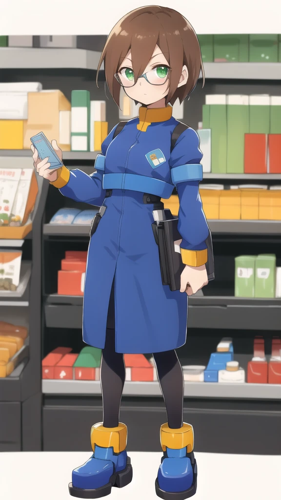 Aile_megamanzx, 1 girl, looking at viewer, Brown hair, green eyes , Market background , Glasses, Cashier Oxxo clothes , full body 