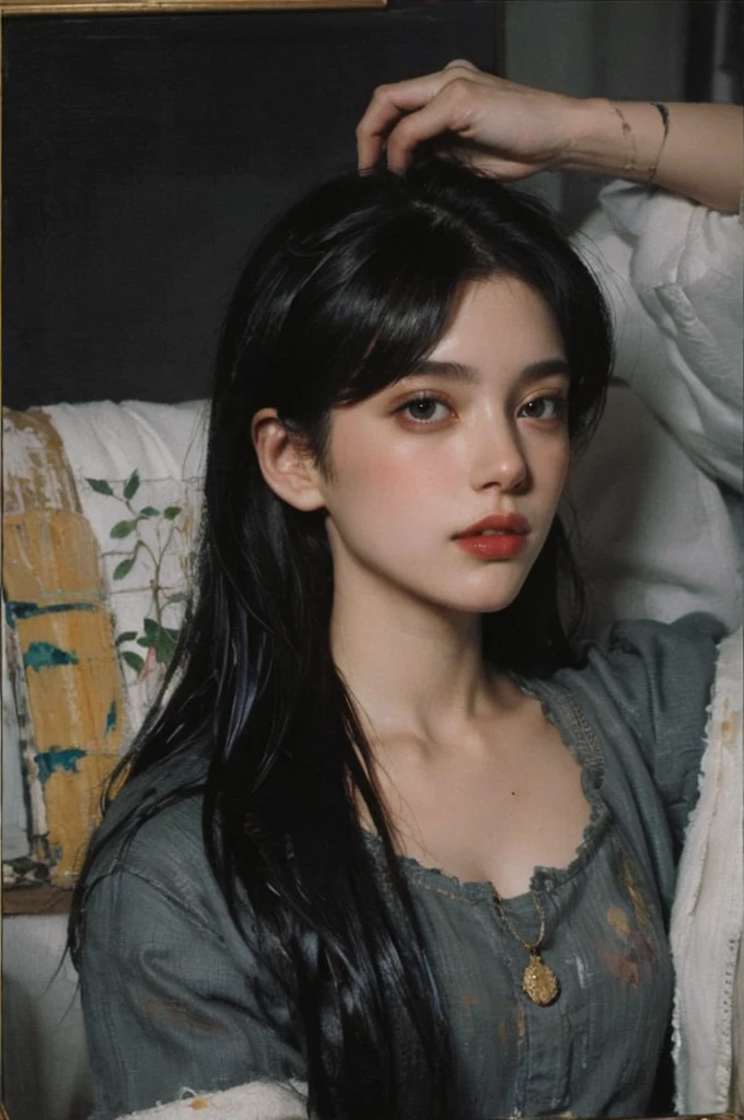 (Oil painting: 1.5),
\\
A woman with long black hair, (a detailed painting: 0.353), (Gothic art: 0.106)