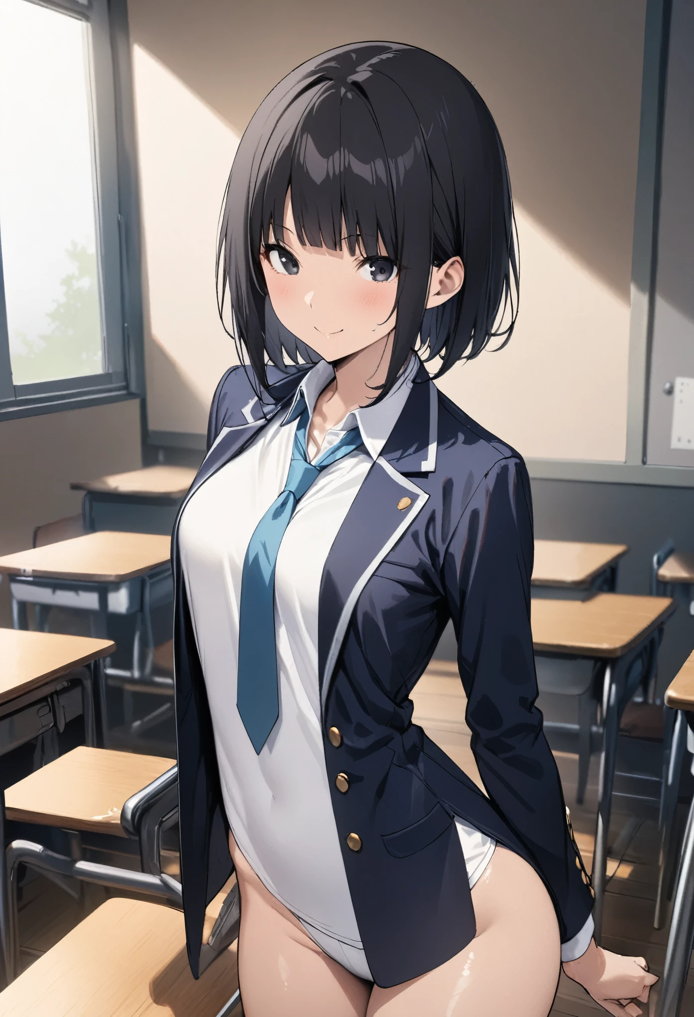 ((masterpiece, highest quality:1.2)),cowboy shot,1woman、20 year old beauty,Japanese、solo,((very small head)),short bob hair,black hair,black eyes,smile,((very long and slender body)),skinny,medium breasts,oily skin,shiny skin,Student Uniform、Dark blue blazer jacket、Blue tie、Navy blue pleated tanding,Simple desk、Simple chair、classroom、Academy、