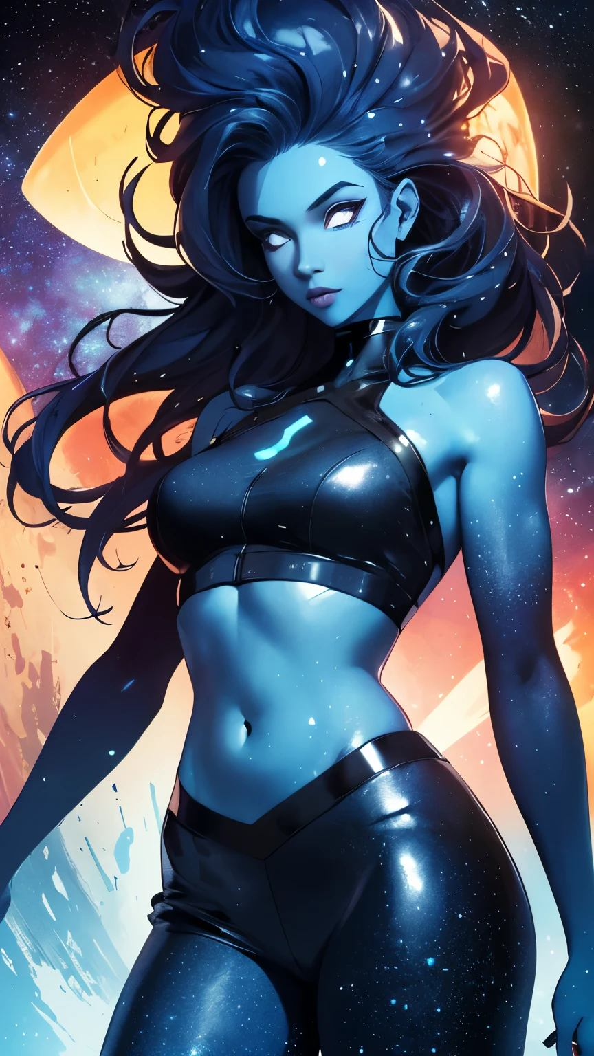 (Highly quality, masterpiece, detailed), Deep Space detailed scenario, Deep space detailed background, 20 years old girl, solo, singularity, dark blue skin, celestial skin, Colored Skin, glowing blue, glowing eyes, bare shoulders, long hair, Star on the girls body, black top, crop top, black skirt, glowing star on the navel, glowing navel, shiny navel, monster girl, Abdomen, Navel, beautiful eyes, perfect eyes, looking at the viewer, Sexy pose