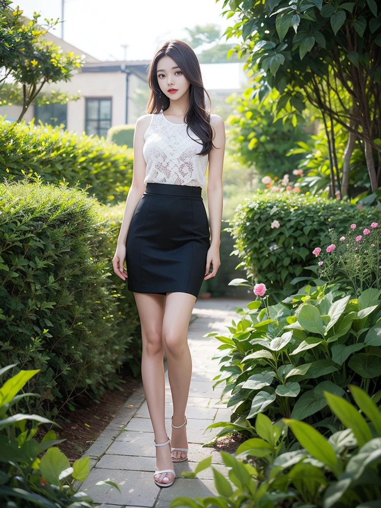 A beautiful girl in garden view, realistic graphics, looking at viewer, complete body photoshot, full-body photoshot, central focusing on girl in graphics  
