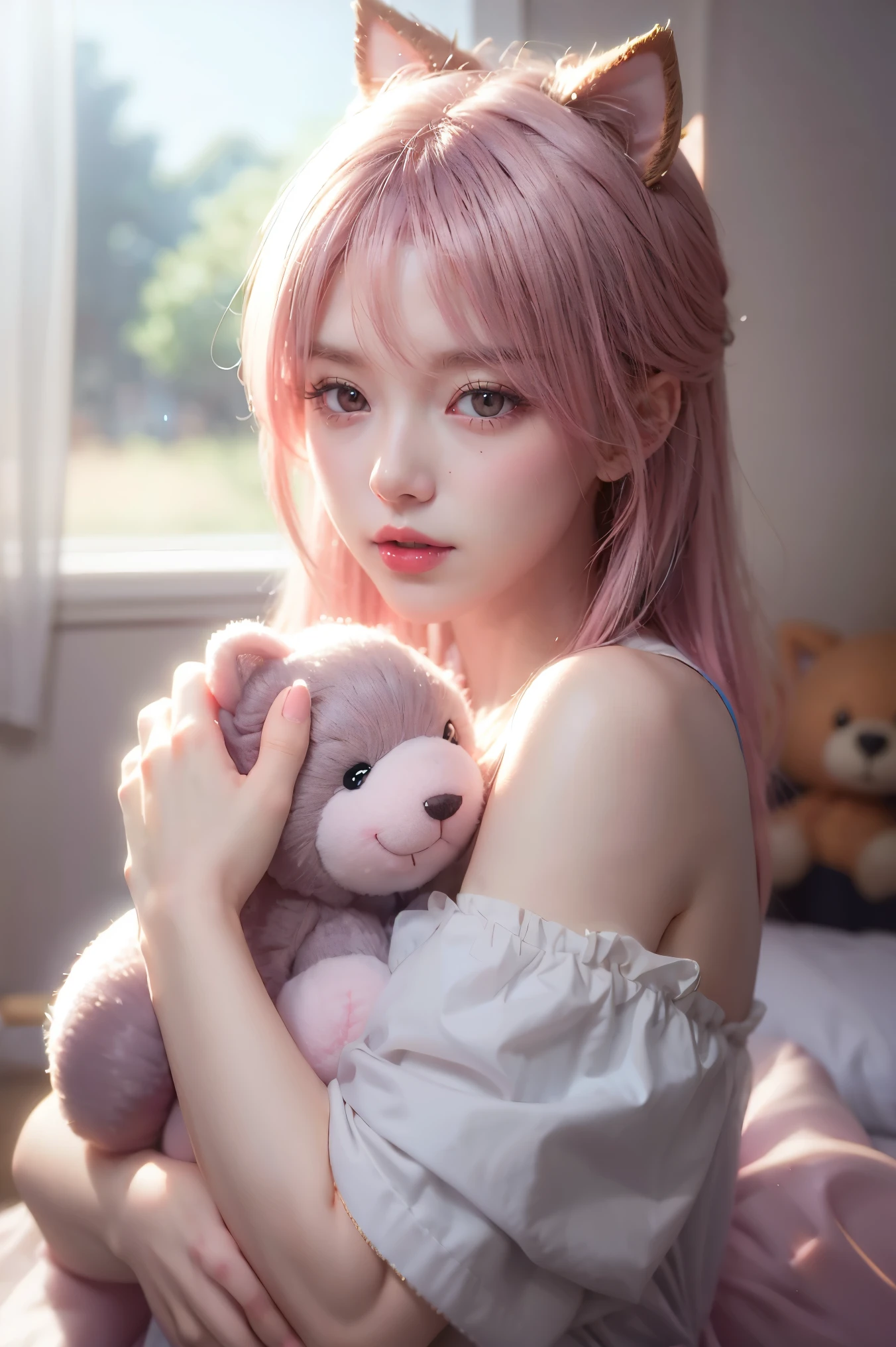 Adorable kawaii anime girl with pink hair, big sparkly eyes, holding a plush toy, pastel colors, soft lighting, by Sakimichan and Nekopara team, digital painting style