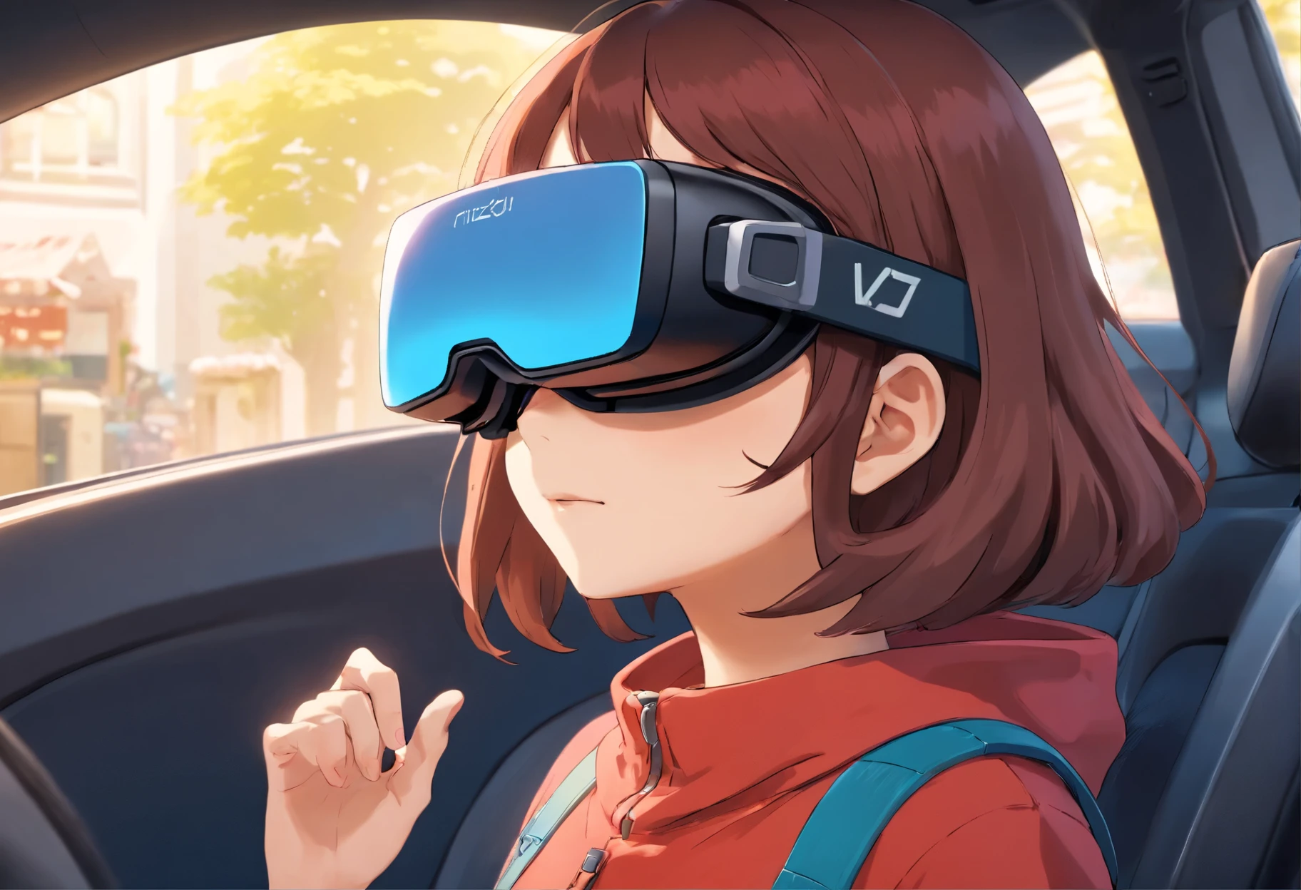 Girl wearing VR, She was driving, anime, Ray Tracing, Stereogram, high quality, Attention to detail, Super detailed, Textured skin, Ultra-high resolution, masterpiece, 最high quality, high quality, Attention to detail, Super detailed, Textured skin, Ultra-high resolution, masterpiece, 最high quality