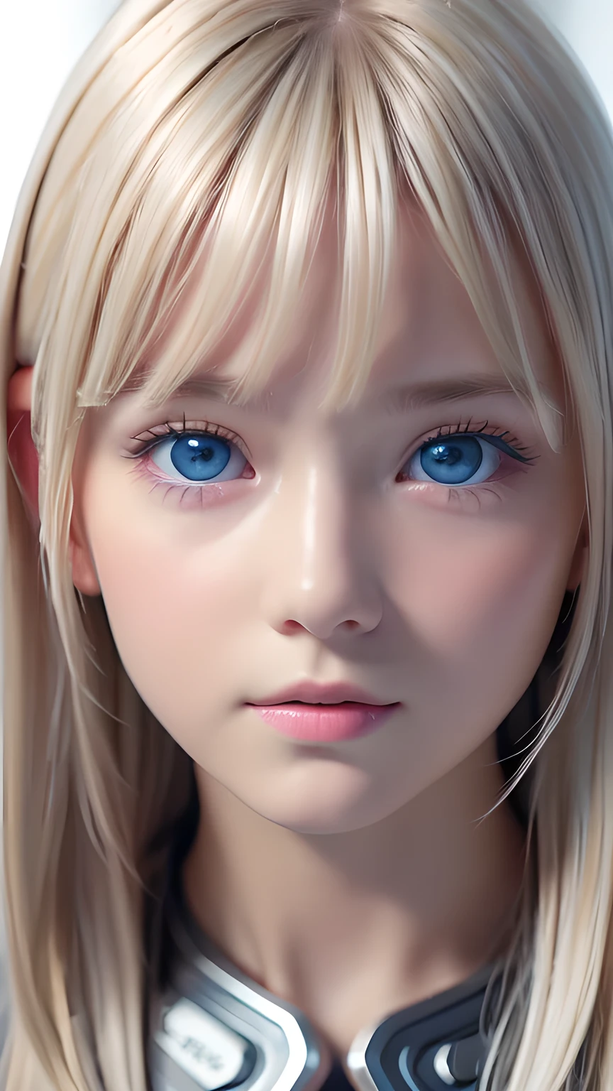 Highest quality、masterpiece、(Realistic:1.4)、One very beautiful blonde girl、Dazzlingly long, super long straight silky platinum blonde、Bangs between the eyes、bangs on the face、Big, very bright light blue eyes that shine so beautifully、Very big eyes、front、Detailed face、Beautiful Eyes、Very white and bright, beautiful skin、Small Face Beauty、 beautiful girl、Cheek gloss highlighter、Round face