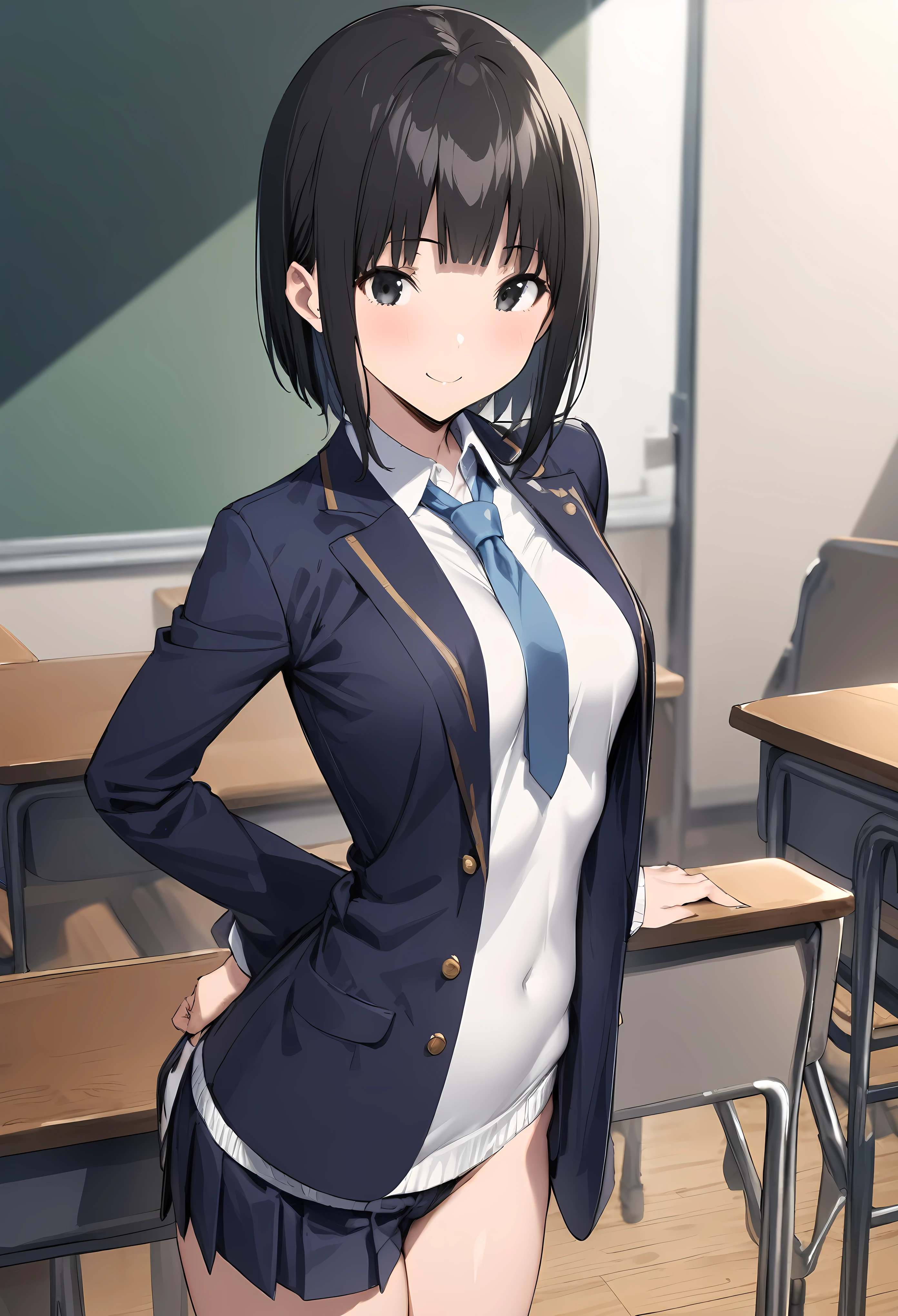 ((masterpiece, highest quality:1.2)),cowboy shot,1woman、20 year old beauty,Japanese、solo,((very small head)),short bob hair,black hair,black eyes,smile,((very long and slender body)),skinny,medium breasts,oily skin,shiny skin,Student Uniform、Dark blue blazer jacket、Blue ribbon tie、Navy blue pleated tanding,Simple desk、Simple chair、classroom、Academy、