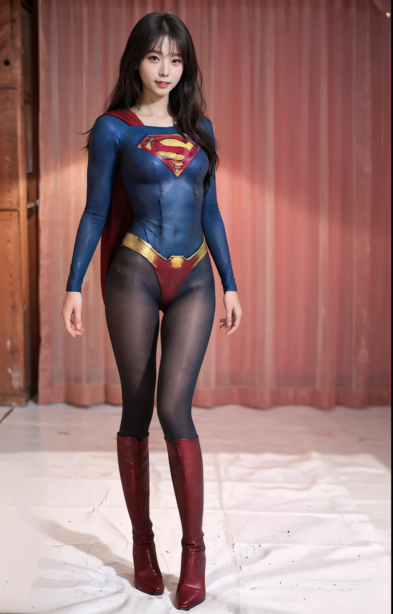 No background、(((Beautiful legs in black tights.)))、(((Legally express the beauty of your smile)))、((((Make the most of your original images)))、(((Body-fitting Supergirl costume)))、(((Supergirl Costume)))、(((Beautiful Hair)))、(((suffering)))、(((Please wear black tights....、Wear red boots)))、((Best image quality、8k))、((highest quality、8k、masterpiece:1.3))、(((Preserve background )))、Sharp focus:1.2、Beautiful woman with perfect figure:1.4、Slim Abs:1.2、Wet body:1.5、Highly detailed face and skin texture、8k