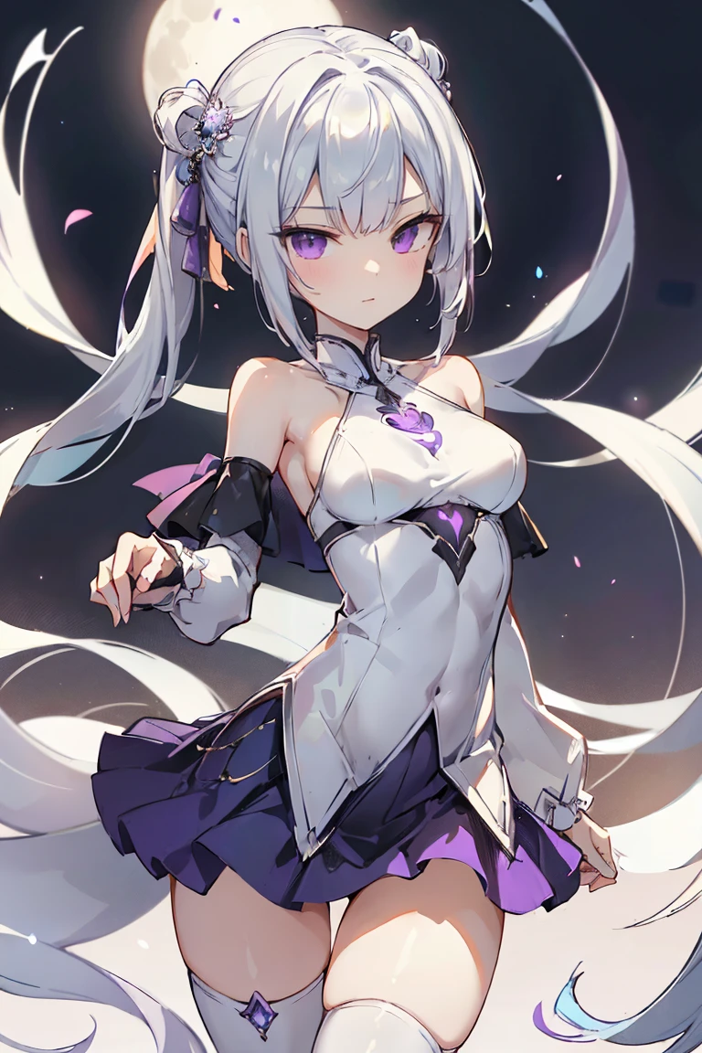 1girl, anime, cute girl, blank background, white background, fantasy, detailed fantasy dress with highlights, beautiful face, beautiful eyes, dark colors, black hair with multicolor streaks, red eye with different color pupil in eye, multicolor eye, medium breasts, slight cleavage, beautiful skin, cute, breast curtains, extremely delicate and beautiful, (beautiful detailed face:1.0), (detailed deep eyes), symmetrical breasts, deep eyes, shiny skin, portrait, slender waist, hips wider than shoulders, thighs, expressionless, young girl, luminous eyes, adorable，（Kpop idol）,（aegyo sal：1），（Platinum blonde hair：1），（（puffy eye）），Black panty，sexy posture，Superskirt, Ultra-high resolution，Black collar，slim figure, Abdominal y tattoo, womb tattoo，Tight-fitting leg ring，y tattoo on half-body，Bare skin, Armored hand，Hidden fingertips，Hand covered，Arm covered，Fist covered,{{beautiful detailed fingers}}, tufts of hair, moderate beautiful breast:1.0,(masterpiece:1.2), best quality, high-res, HDR, perfect face, intricate armor, delicate blue filigree, intricate filigree, red metalic parts, detailed part, dynamic pose, dynamic lights, cute face, neutral expression, shuimobysim, lotus, hanfu, maxi skirt, dress conservatively 1girl, solo, long blue hair, standing, One lady,years,((White hair) ,((Normal breasts)), (Shiny purple bodysuit with microskirt),((Fantasy, Moon Night))