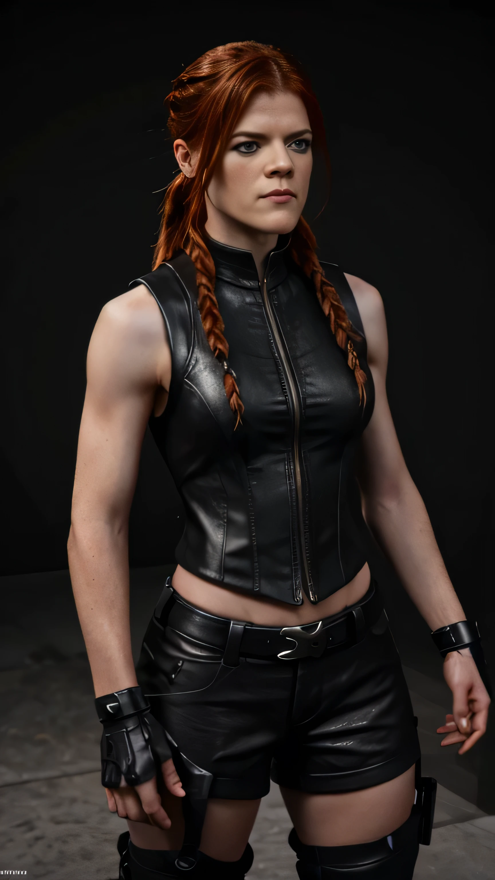 ((Rose Leslie)) as Kira from Mortal Kombat, dark tactical clothing, black sexy short leather waistcoat, crimson leather shorts, black boots, combat gear, belts, weapon holsters, red hair in a punk-like style, braids, facial piercings, (long shot), (full body render), (full body view), fine detail, hyper realistic, HD, 4K, definition, texture, perfect detail, perfect face, beautiful, hyperrealism, trending on artstation