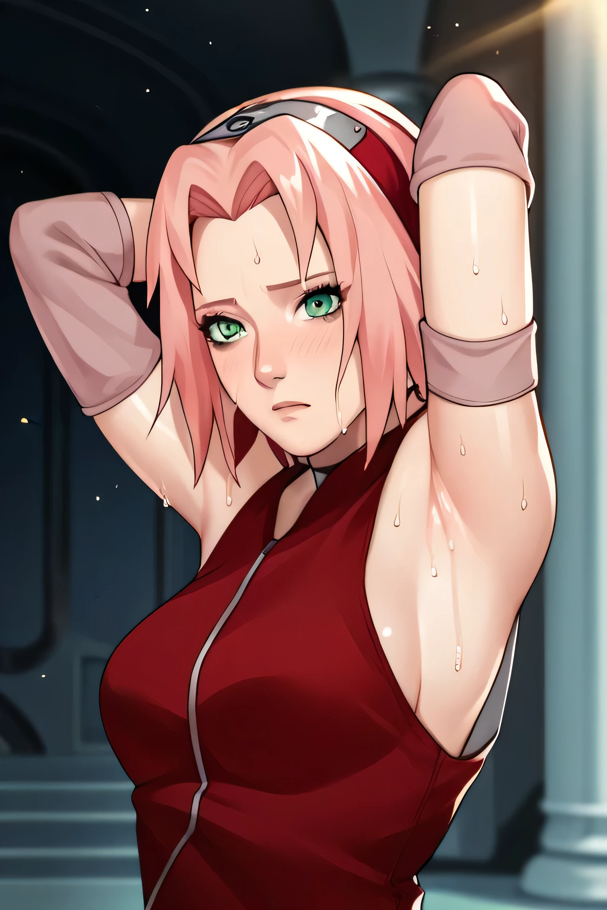 score_9,score_8_up,score_7_up,score_6_up,score_5_up,score_4_up BREAK skinny,choker,medium breasts,detached sleeves,outdoors,forest,shiny skin,bokeh,bloom,indoors,light particles,castle,space,1girl,haruno sakura,pink hair,short,hair,green eyes,forehead protector,armpits,arms up,armpit,sweaty armpit,arms behind head,awesome armpits,sweat,sweaty,exhausted,exhaustion